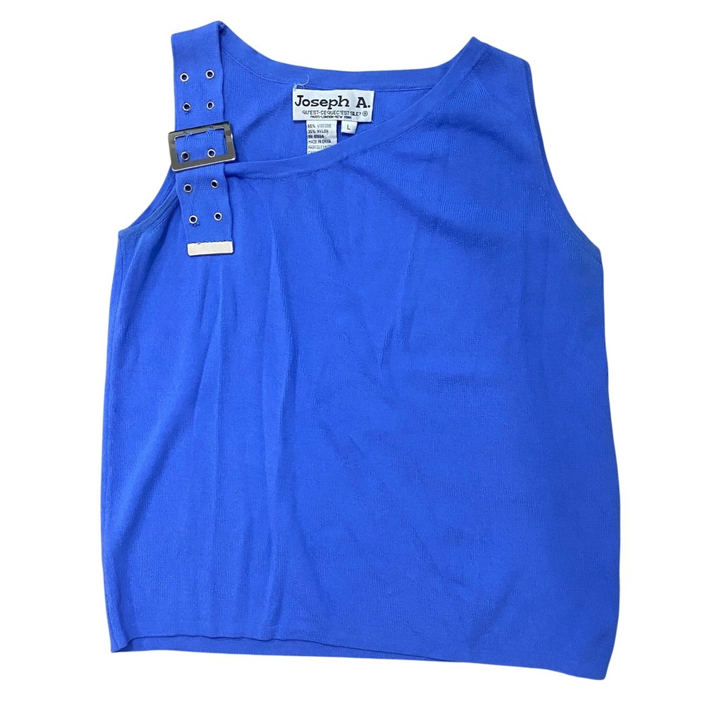 Vintage 90s Joseph A Large Cobalt Blue Ribbed Asymmetrical Buckle Strap Tank Top - Picture 4 of 9